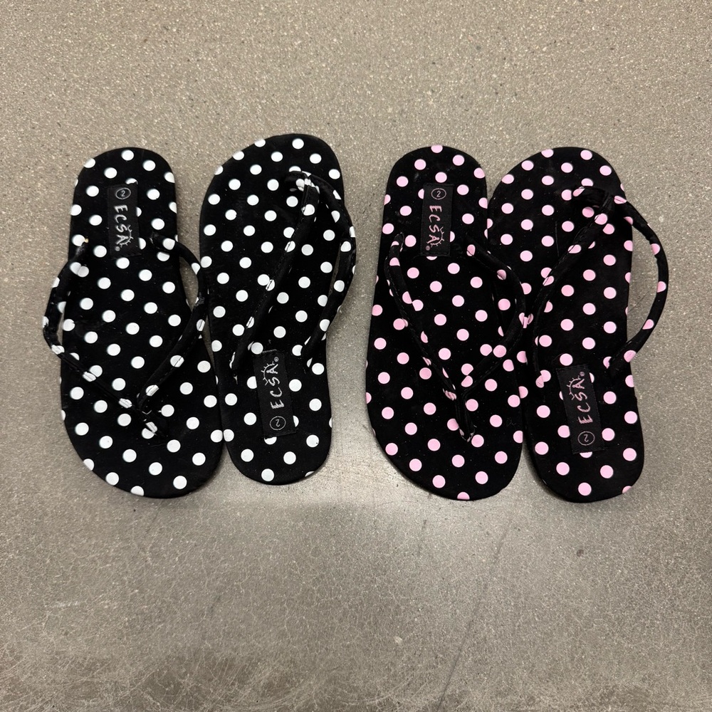 ECSA Black and Pink Polka Dot Flip Flops 2 pack, size 2